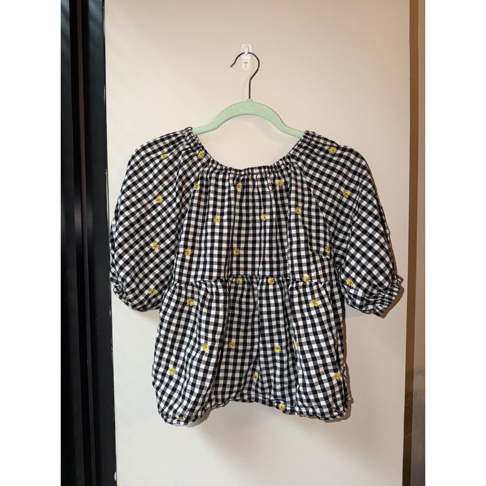 Old Navy Small Gingham Floral Daisy Embroidered Puff Sleeve Babydoll Top